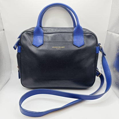Longchamp Shoulder Bag Purse Leather Black Blue Authentic