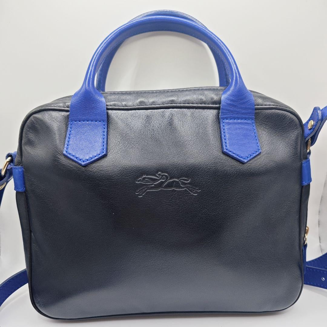 Longchamp Shoulder Bag Purse Leather Black Blue Authentic