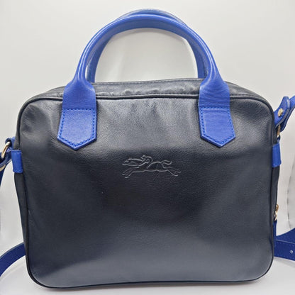 Longchamp Shoulder Bag Purse Leather Black Blue Authentic