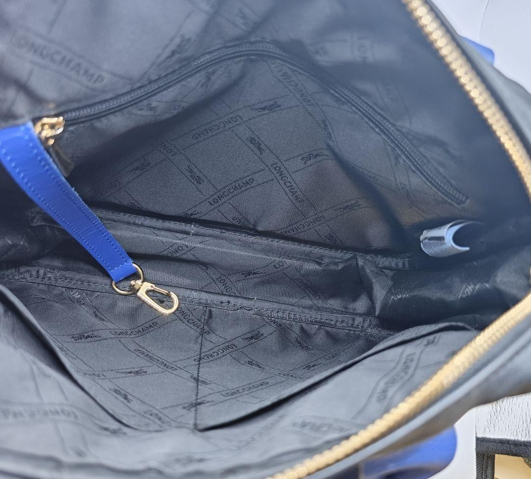 Longchamp Shoulder Bag Purse Leather Black Blue Authentic