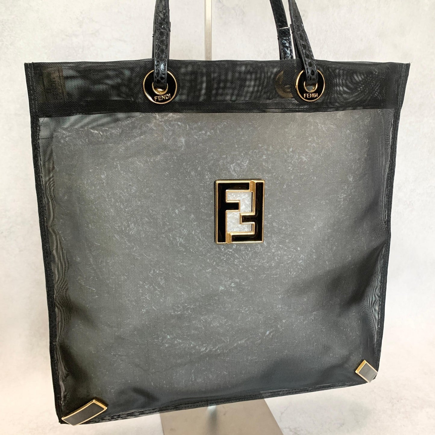 FENDI Bag FF Mesh Hand Tote Purse  Mesh Leather Black Used Women's Authentic