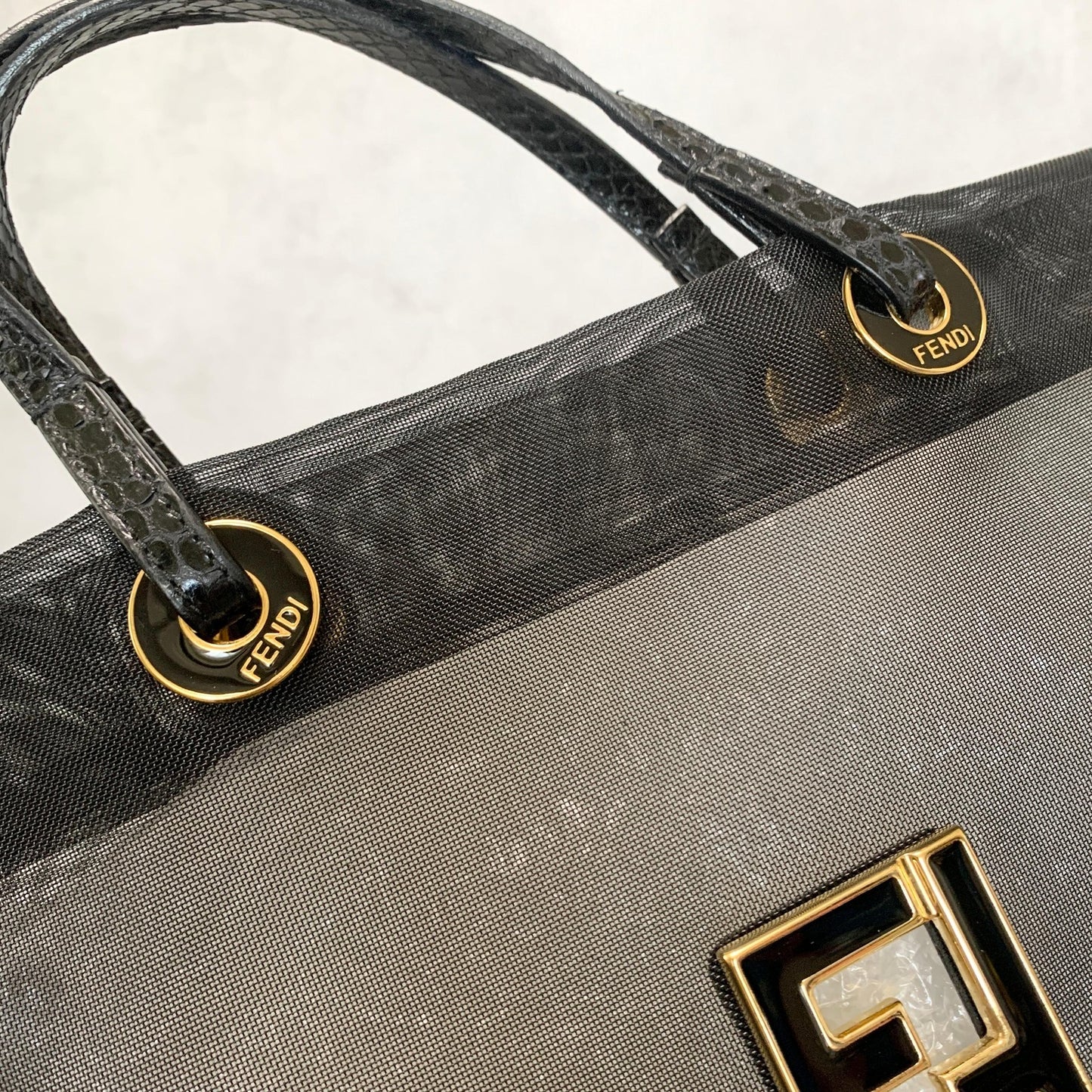 FENDI Bag FF Mesh Hand Tote Purse  Mesh Leather Black Used Women's Authentic