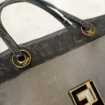 FENDI Bag FF Mesh Hand Tote Purse  Mesh Leather Black Used Women's Authentic