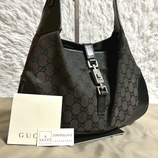 GUCCI Hand Shoulder Bag Tote Purse GG Canvas Black Authentic