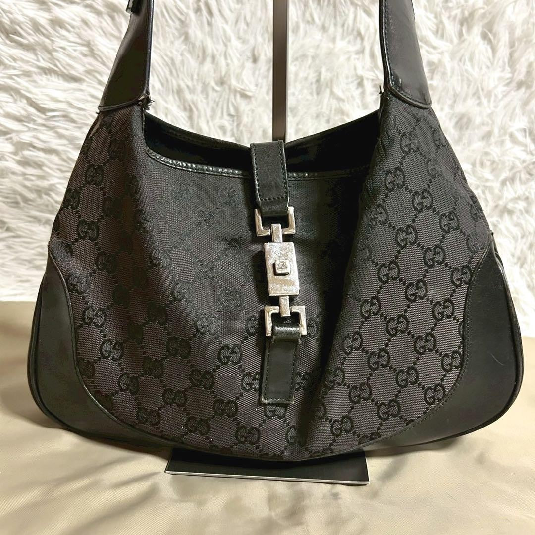 GUCCI Hand Shoulder Bag Tote Purse GG Canvas Black Authentic