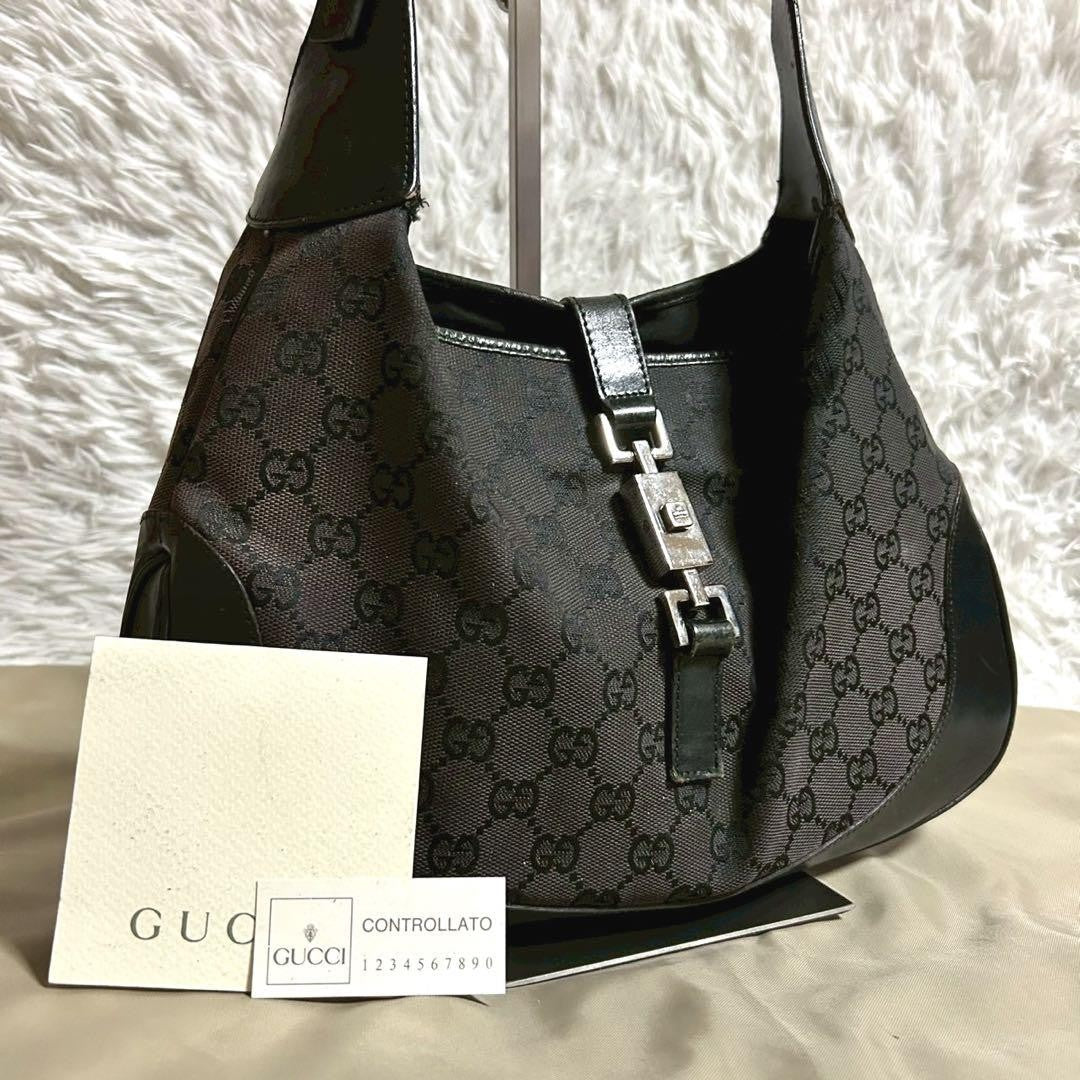 GUCCI Hand Shoulder Bag Tote Purse GG Canvas Black Authentic