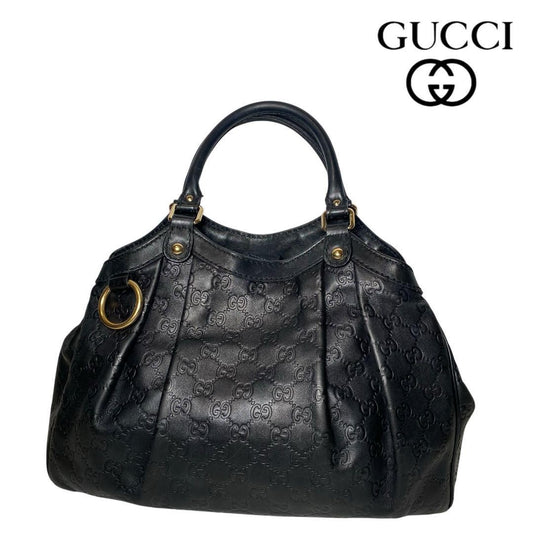 GUCCI Hand Bag Tote Purse GG Leather Black Authentic