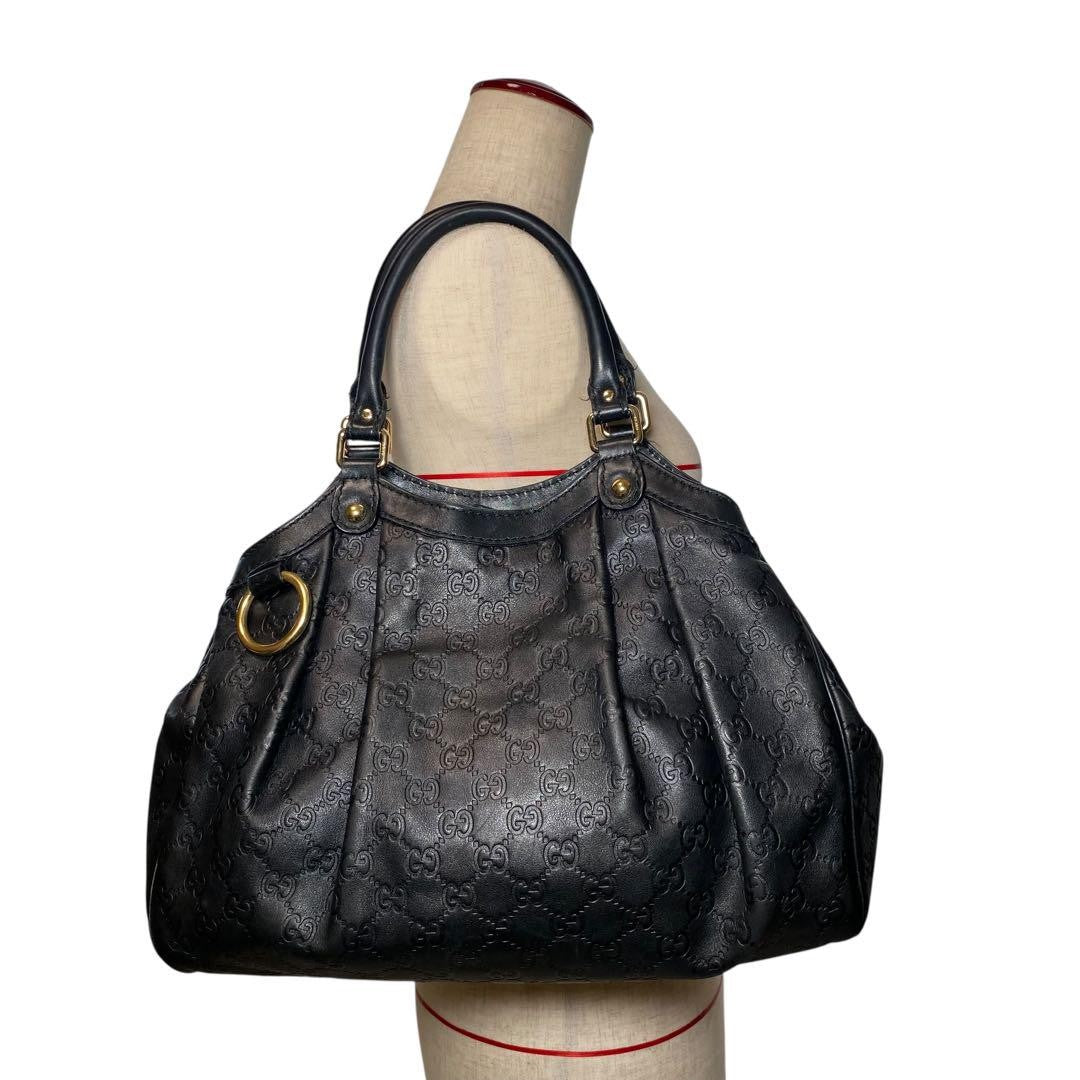GUCCI Hand Bag Tote Purse GG Leather Black Authentic