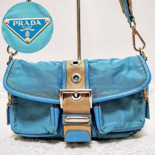 PRADA Shoulder Bag Purse Logo Nylon Leather Blue Authentic