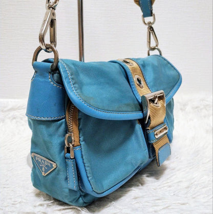 PRADA Shoulder Bag Purse Logo Nylon Leather Blue Authentic