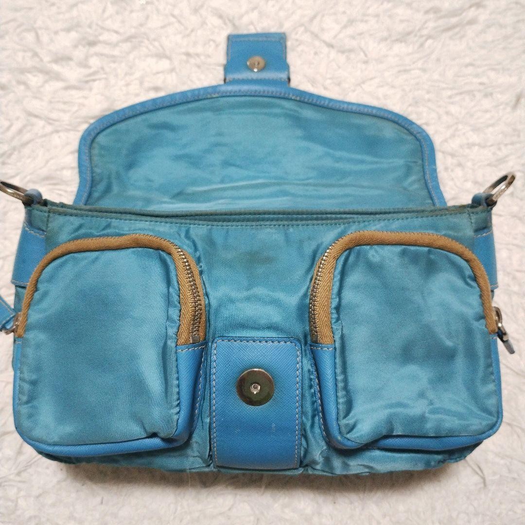 PRADA Shoulder Bag Purse Logo Nylon Leather Blue Authentic
