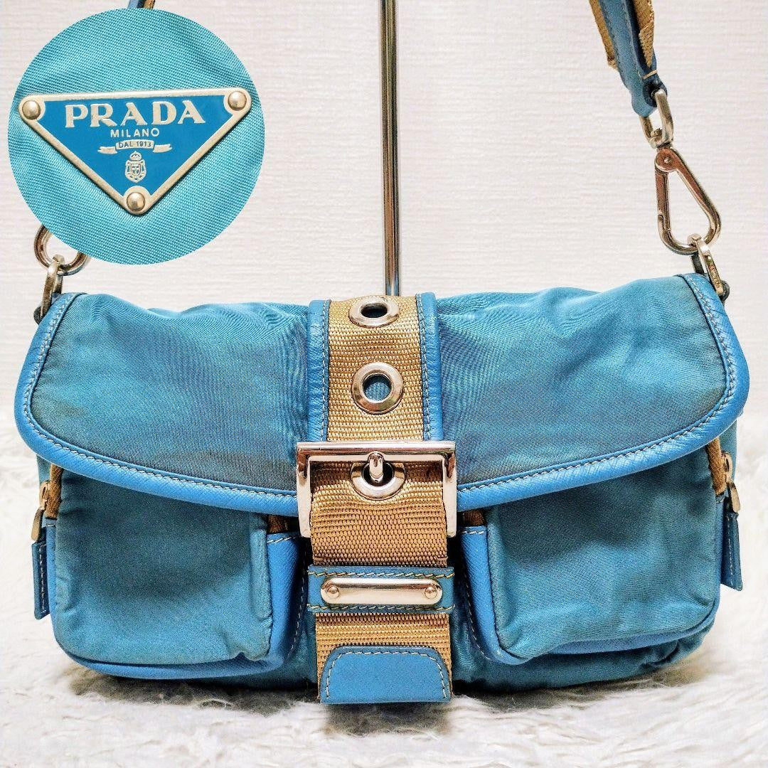 PRADA Shoulder Bag Purse Logo Nylon Leather Blue Authentic