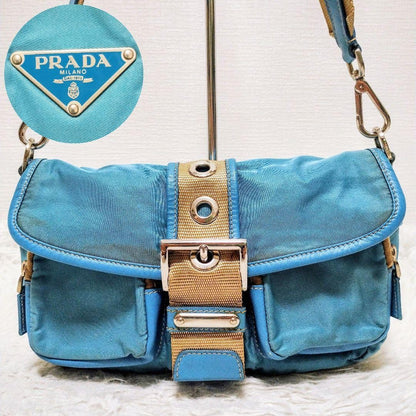 PRADA Shoulder Bag Purse Logo Nylon Leather Blue Authentic