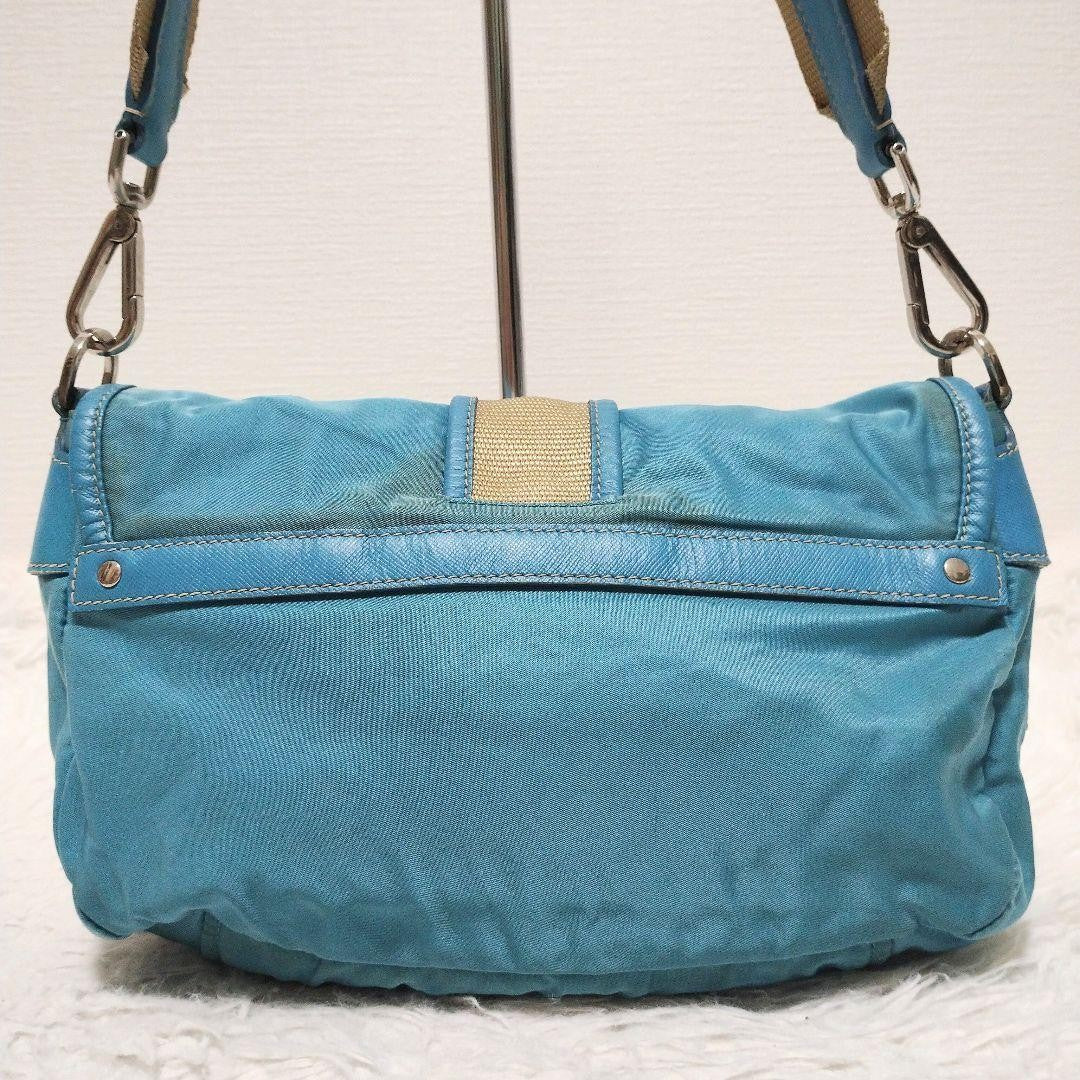 PRADA Shoulder Bag Purse Logo Nylon Leather Blue Authentic
