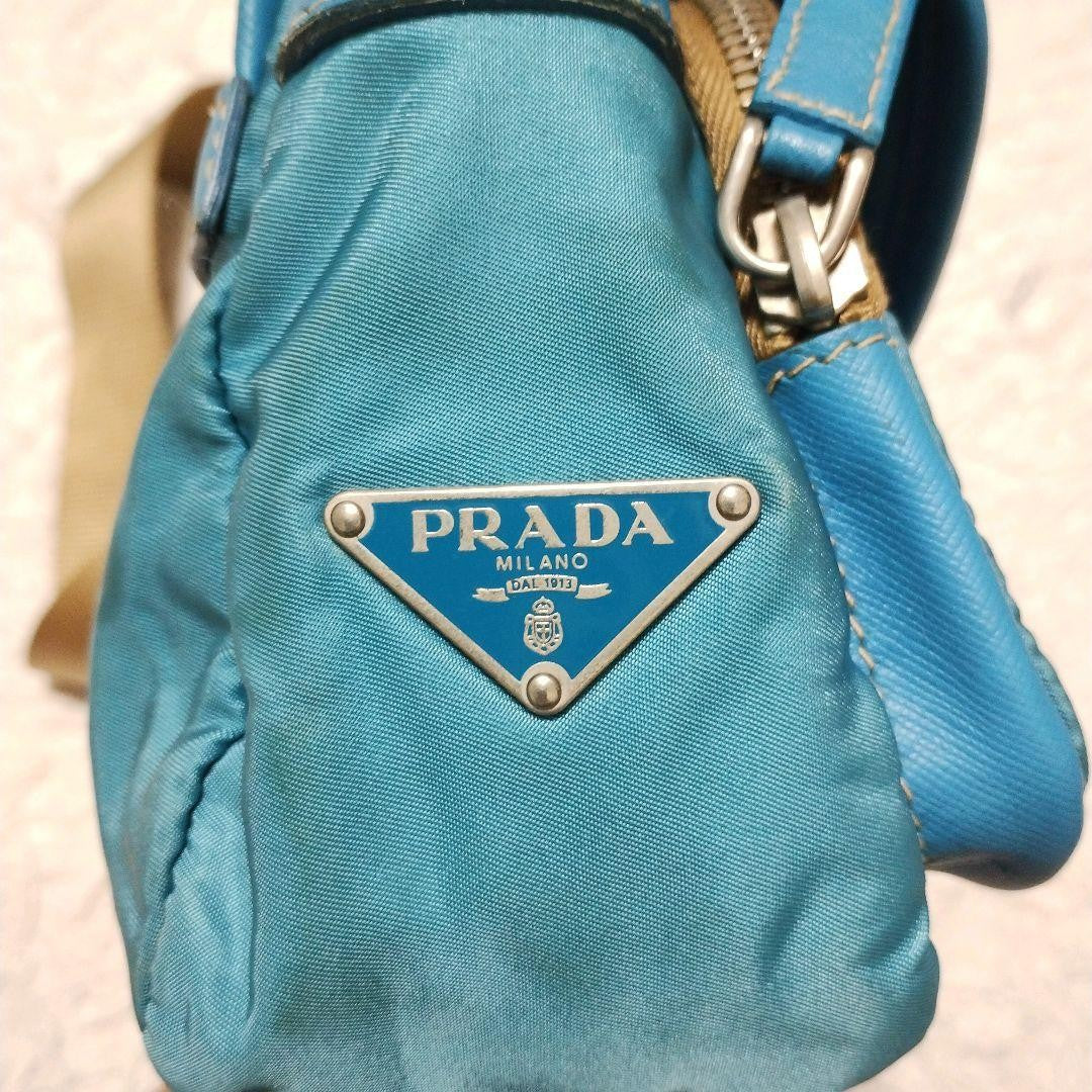 PRADA Shoulder Bag Purse Logo Nylon Leather Blue Authentic