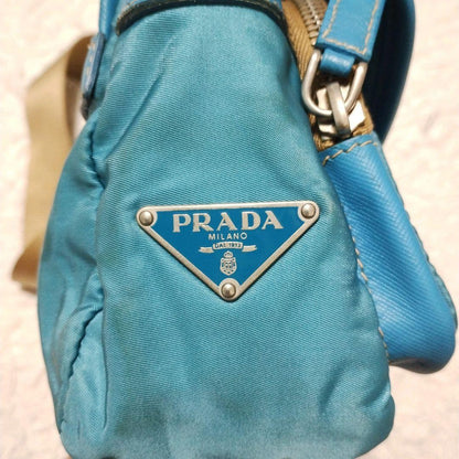 PRADA Shoulder Bag Purse Logo Nylon Leather Blue Authentic