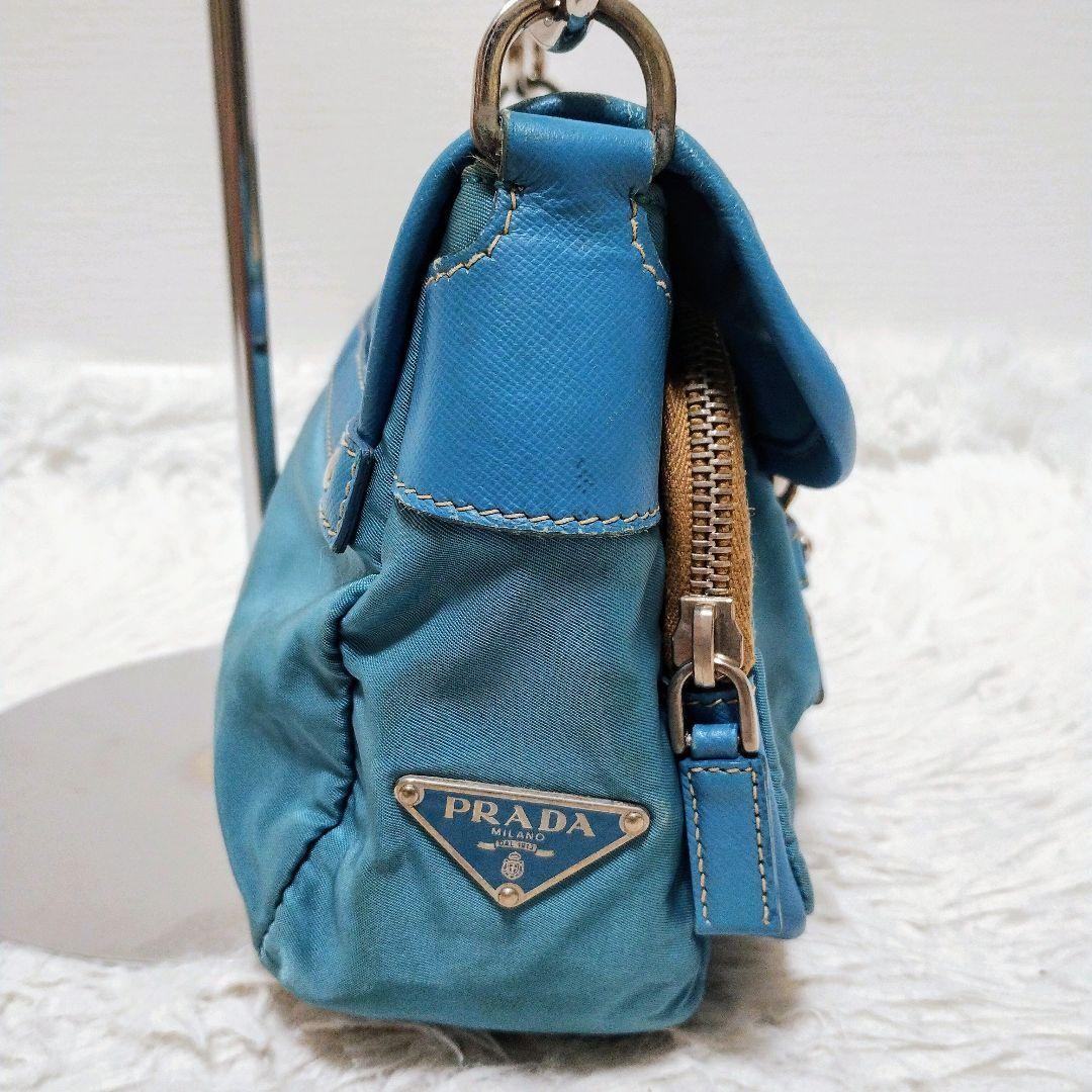 PRADA Shoulder Bag Purse Logo Nylon Leather Blue Authentic