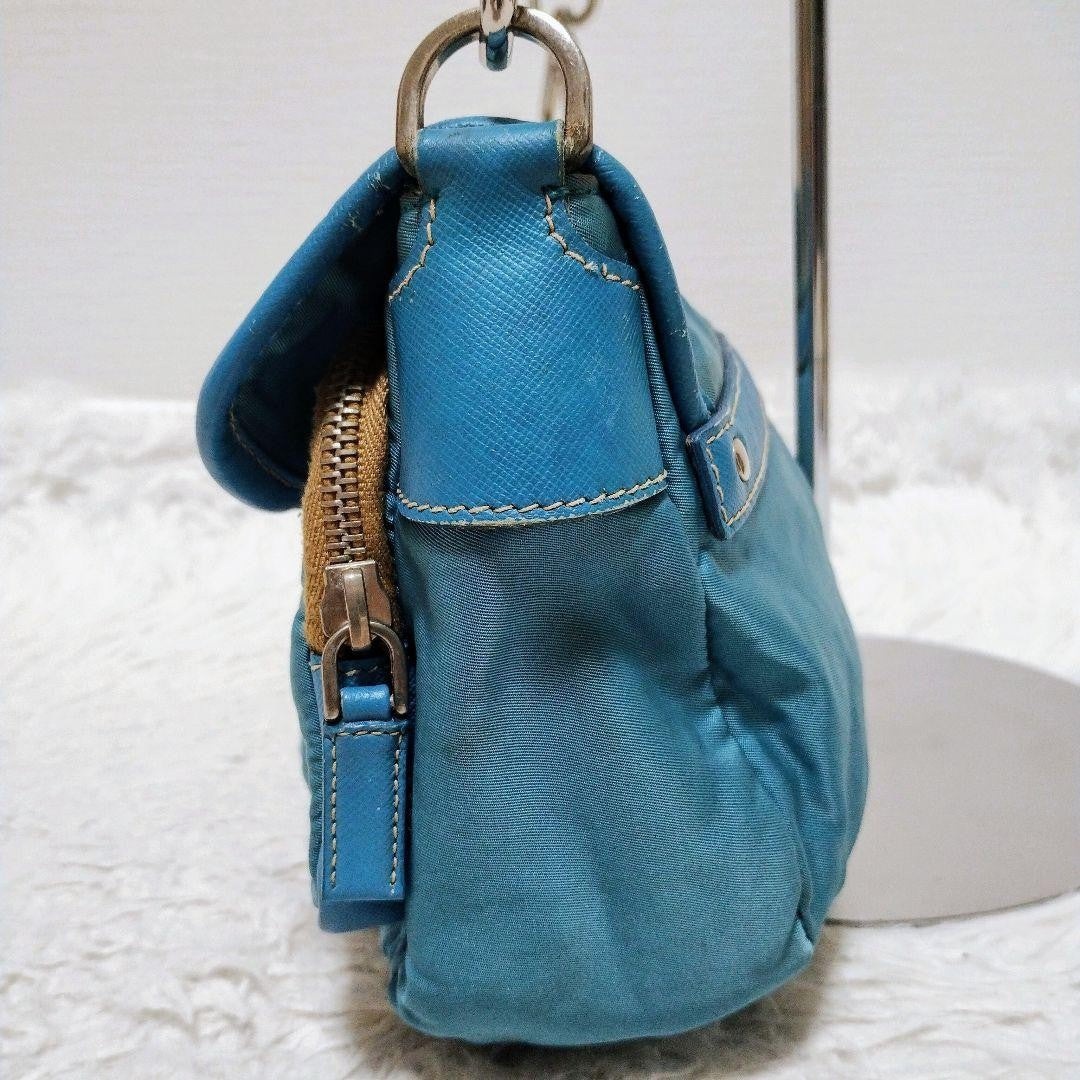PRADA Shoulder Bag Purse Logo Nylon Leather Blue Authentic