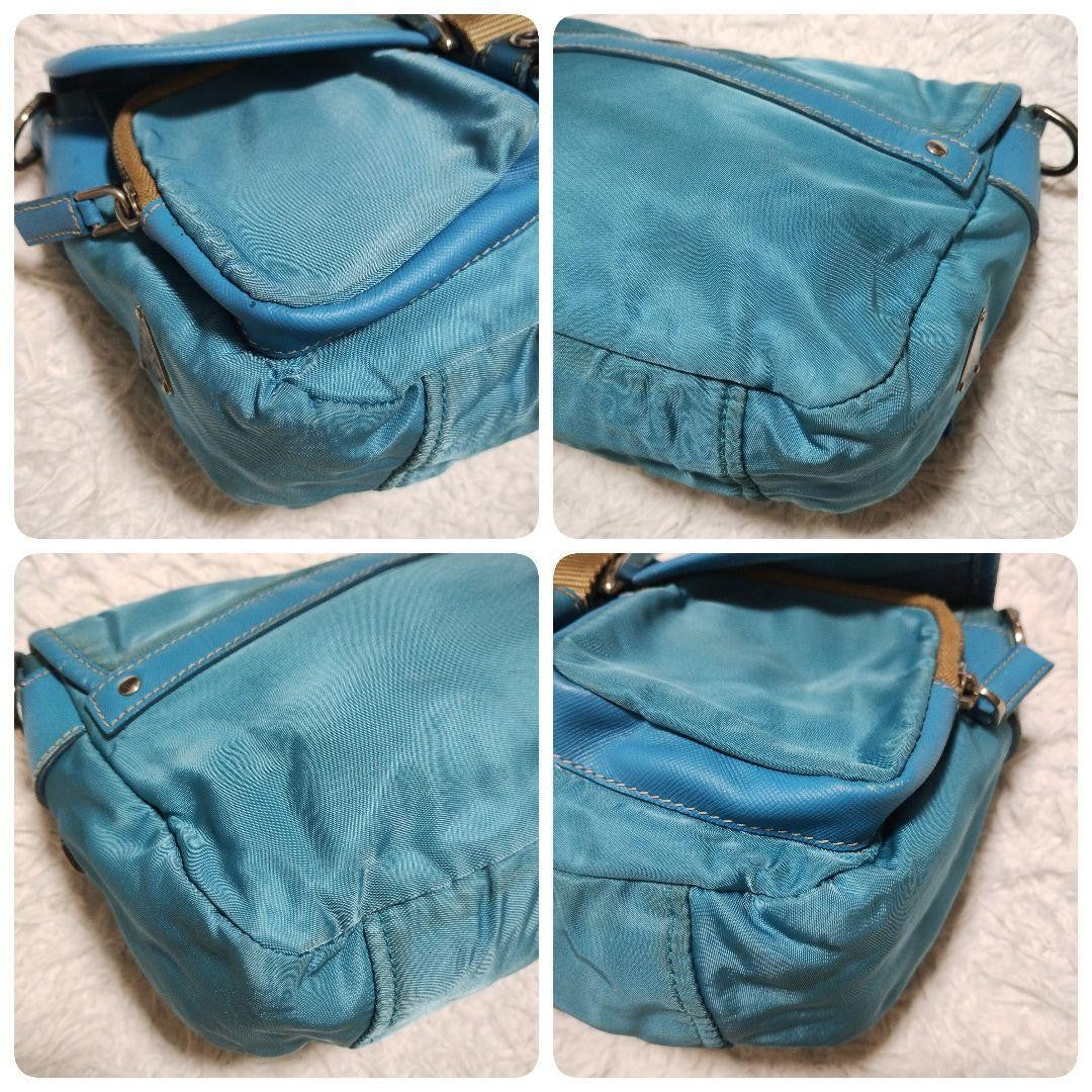PRADA Shoulder Bag Purse Logo Nylon Leather Blue Authentic