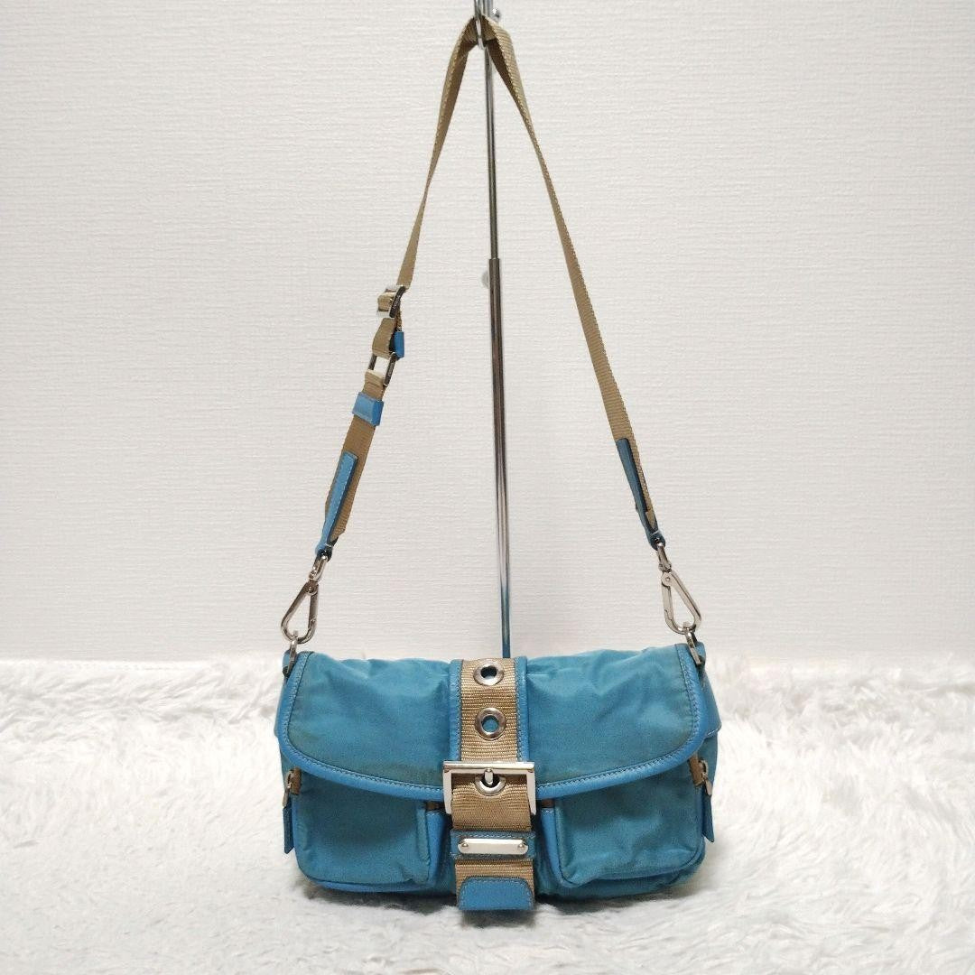 PRADA Shoulder Bag Purse Logo Nylon Leather Blue Authentic