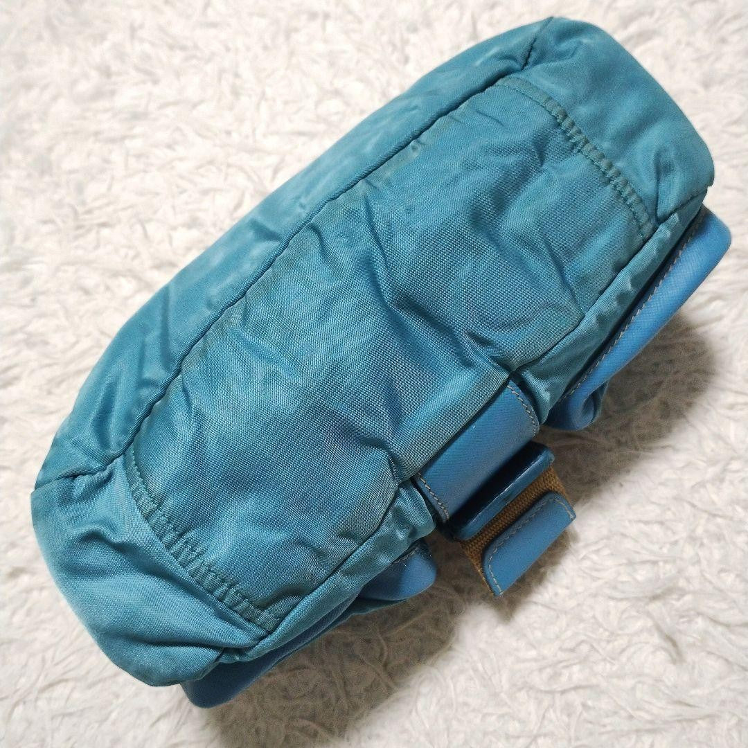 PRADA Shoulder Bag Purse Logo Nylon Leather Blue Authentic