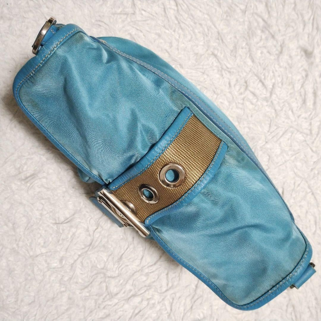 PRADA Shoulder Bag Purse Logo Nylon Leather Blue Authentic
