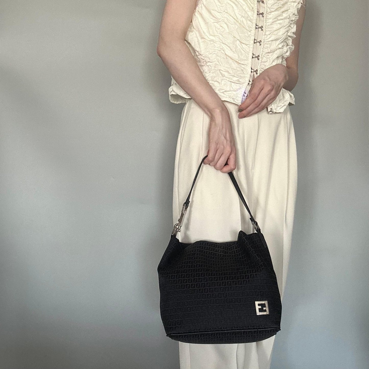 FENDI Bag FF Zucchino Shoulder Purse Canvas Leather Black Silver Used Authentic