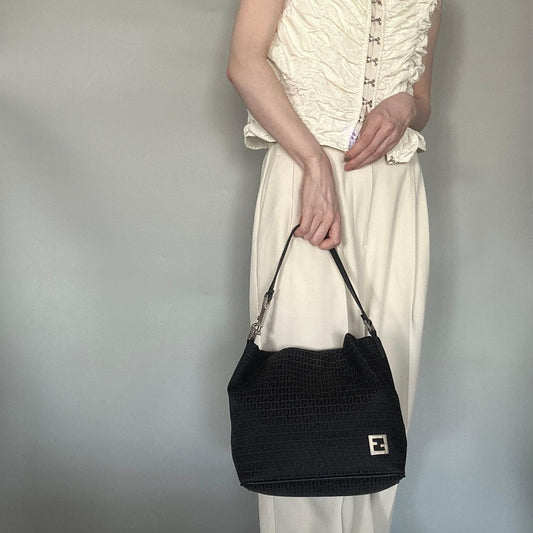 FENDI Bag FF Zucchino Shoulder Purse Canvas Leather Black Silver Used Authentic