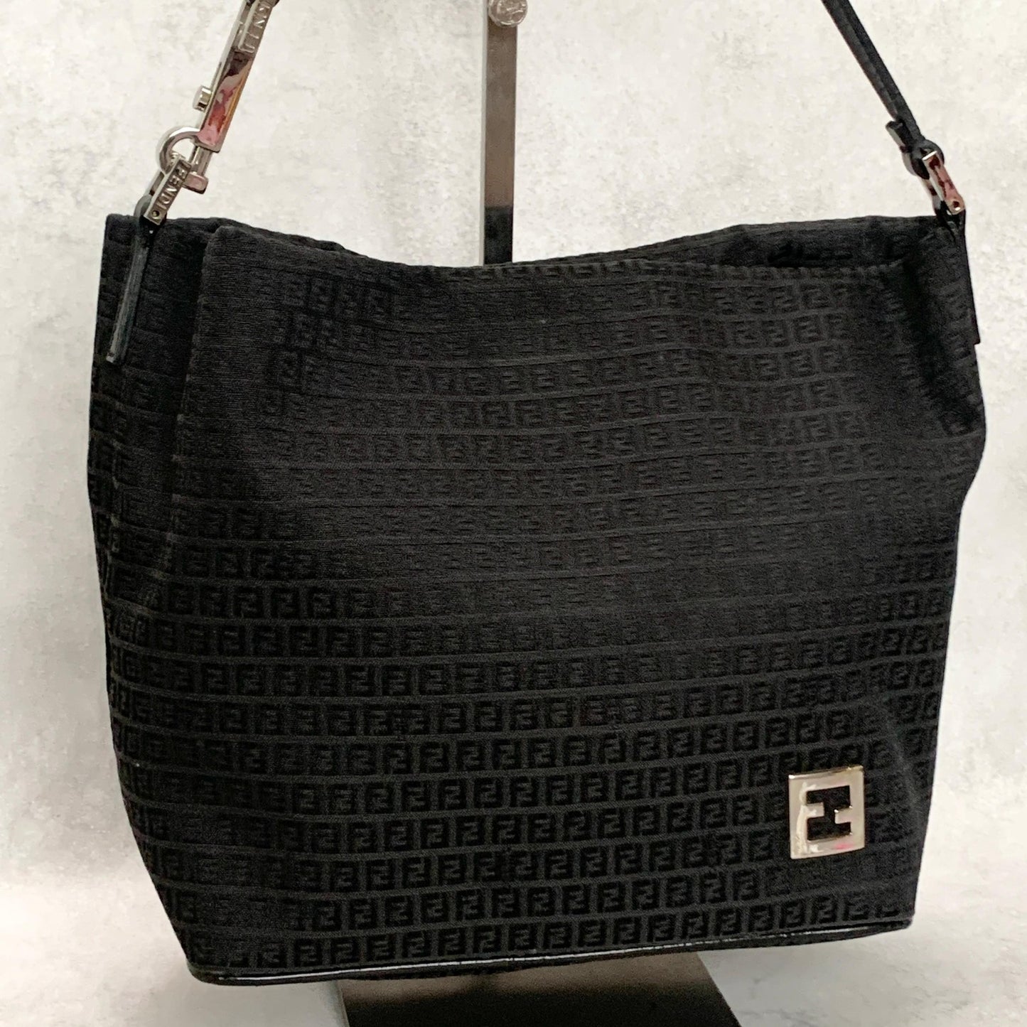 FENDI Bag FF Zucchino Shoulder Purse Canvas Leather Black Silver Used Authentic