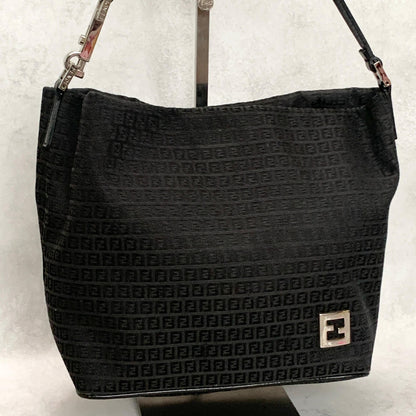 FENDI Bag FF Zucchino Shoulder Purse Canvas Leather Black Silver Used Authentic