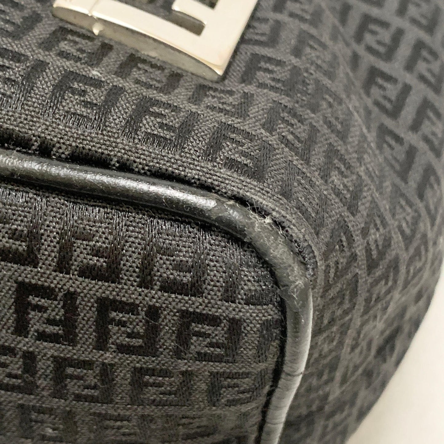 FENDI Bag FF Zucchino Shoulder Purse Canvas Leather Black Silver Used Authentic