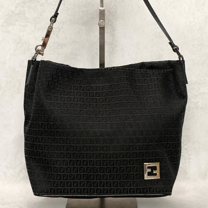 FENDI Bag FF Zucchino Shoulder Purse Canvas Leather Black Silver Used Authentic