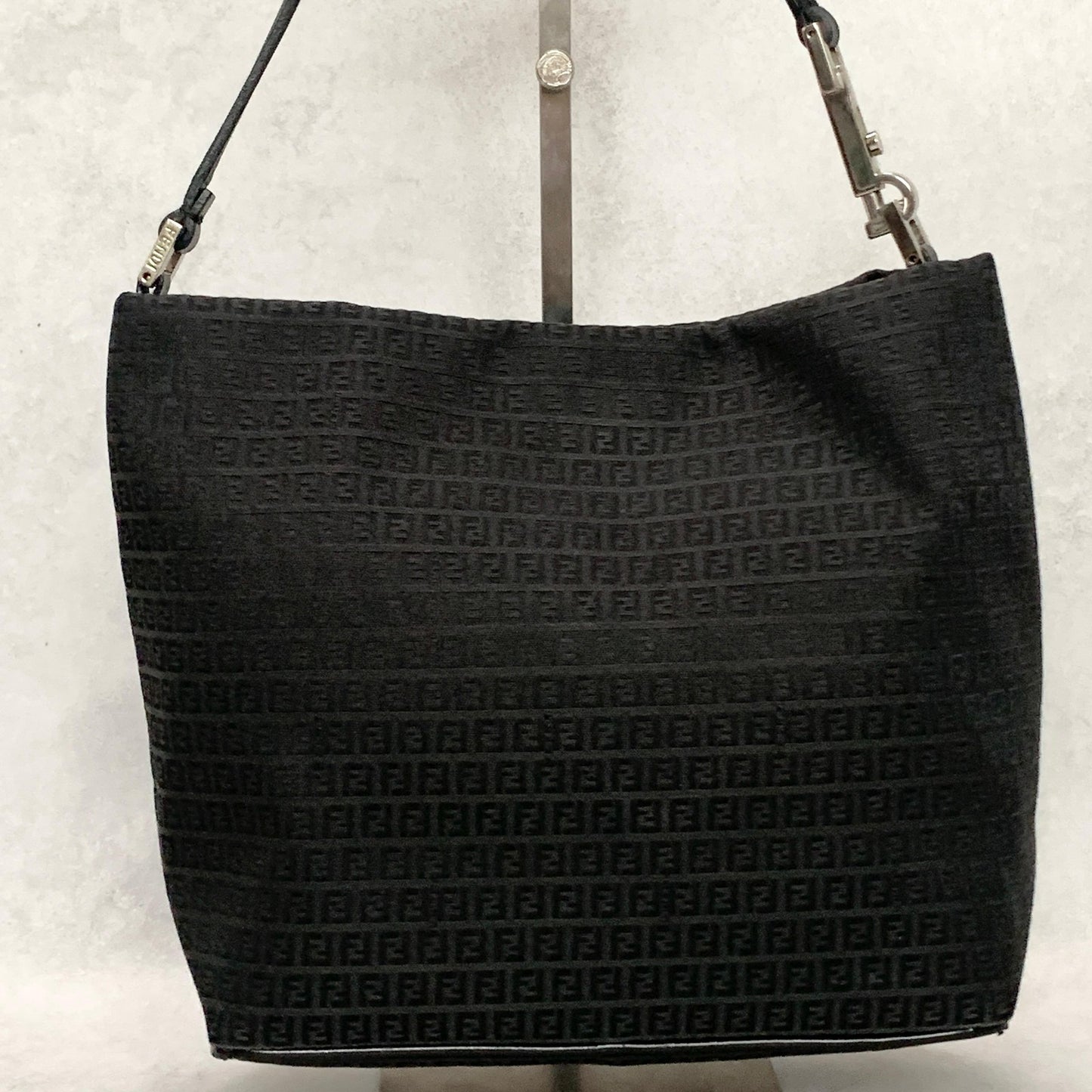 FENDI Bag FF Zucchino Shoulder Purse Canvas Leather Black Silver Used Authentic