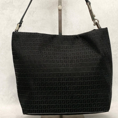 FENDI Bag FF Zucchino Shoulder Purse Canvas Leather Black Silver Used Authentic