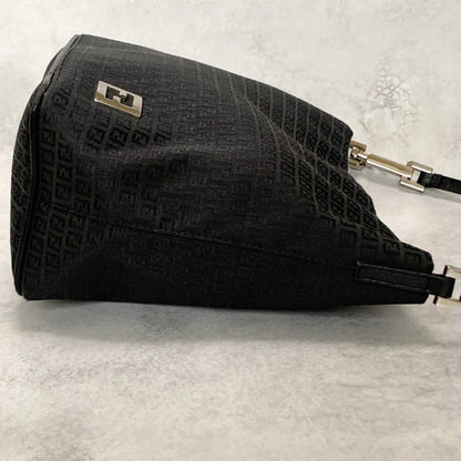 FENDI Bag FF Zucchino Shoulder Purse Canvas Leather Black Silver Used Authentic