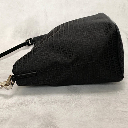 FENDI Bag FF Zucchino Shoulder Purse Canvas Leather Black Silver Used Authentic