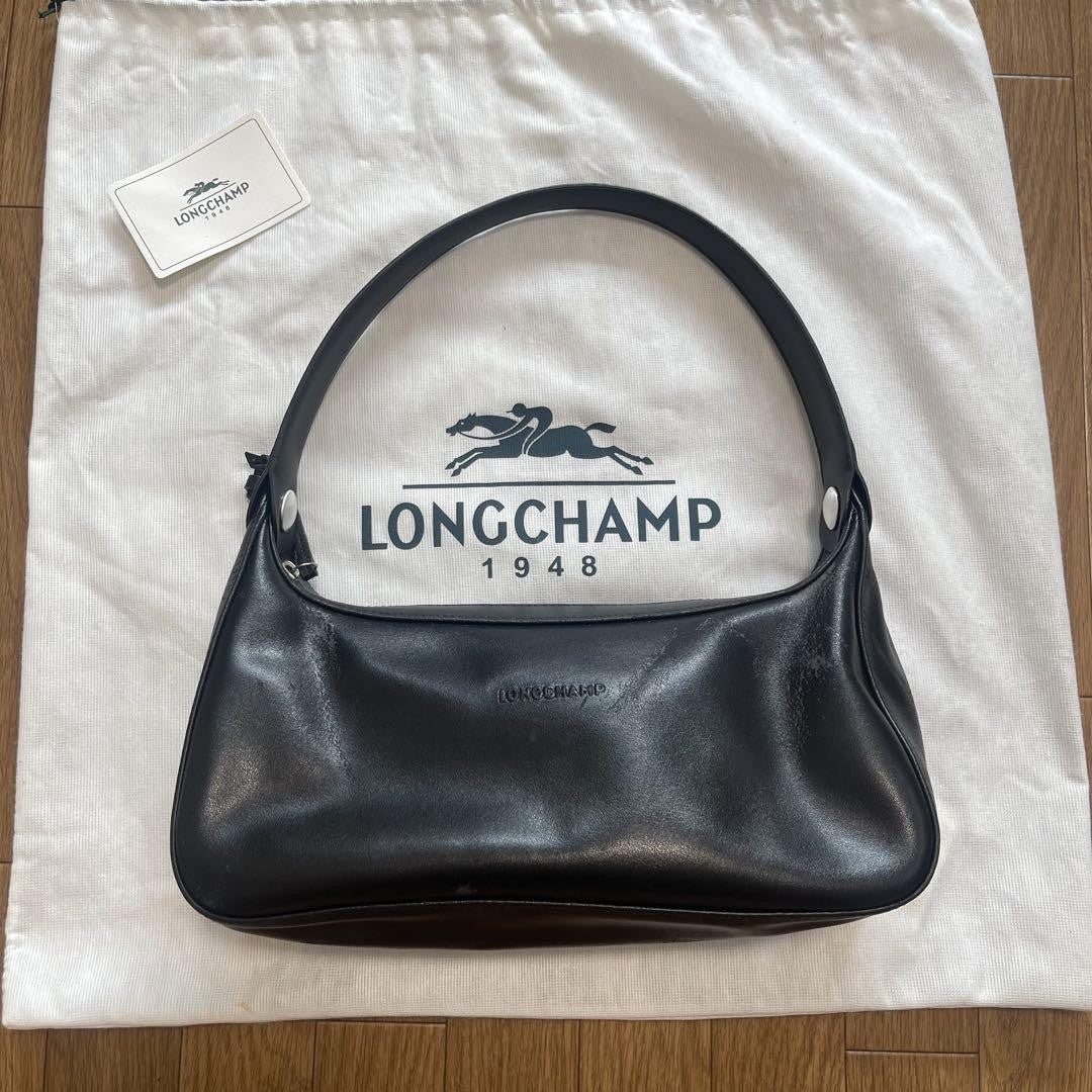 Longchamp Hand Shoulder Bag Tote Purse Leather Black Authentic