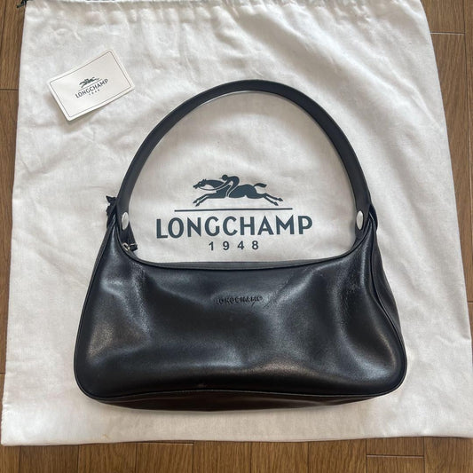 Longchamp Hand Shoulder Bag Tote Purse Leather Black Authentic