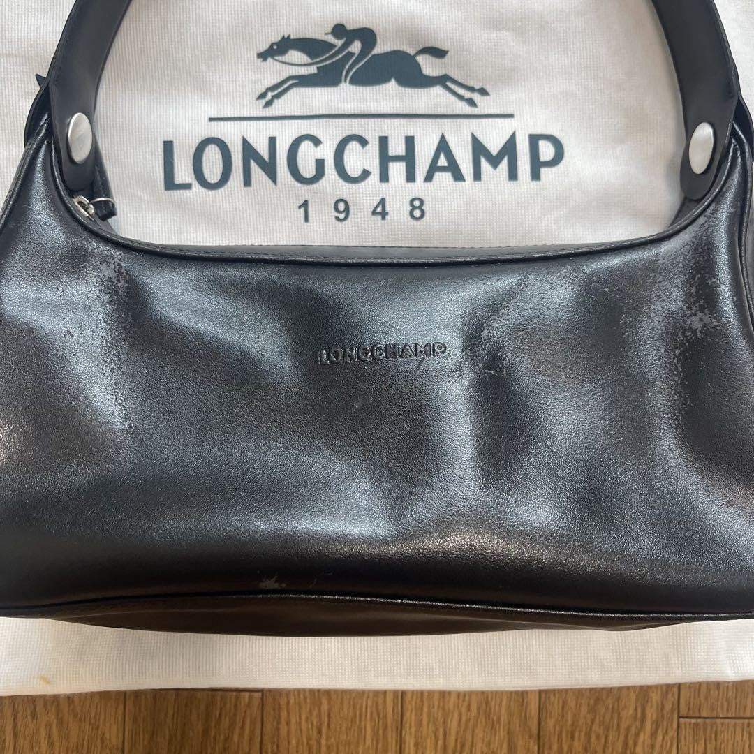 Longchamp Hand Shoulder Bag Tote Purse Leather Black Authentic