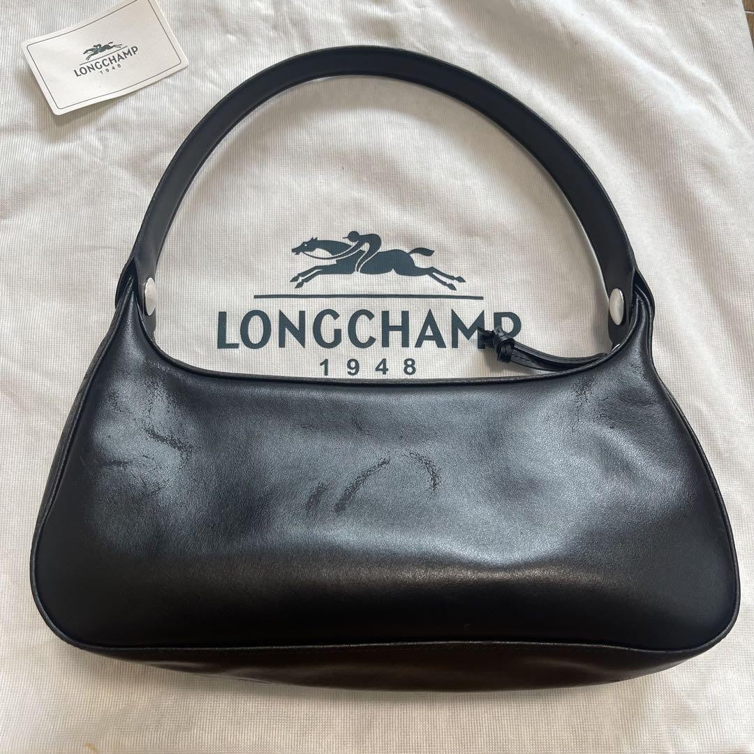 Longchamp Hand Shoulder Bag Tote Purse Leather Black Authentic