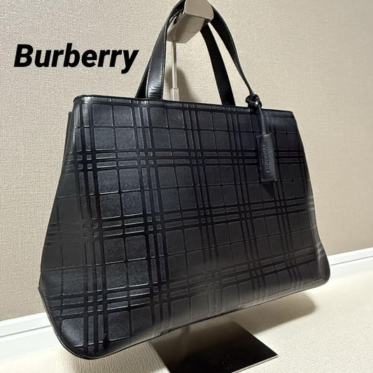 BURBERRY Hand Bag Tote Purse Embossed Check Leather Black Authentic