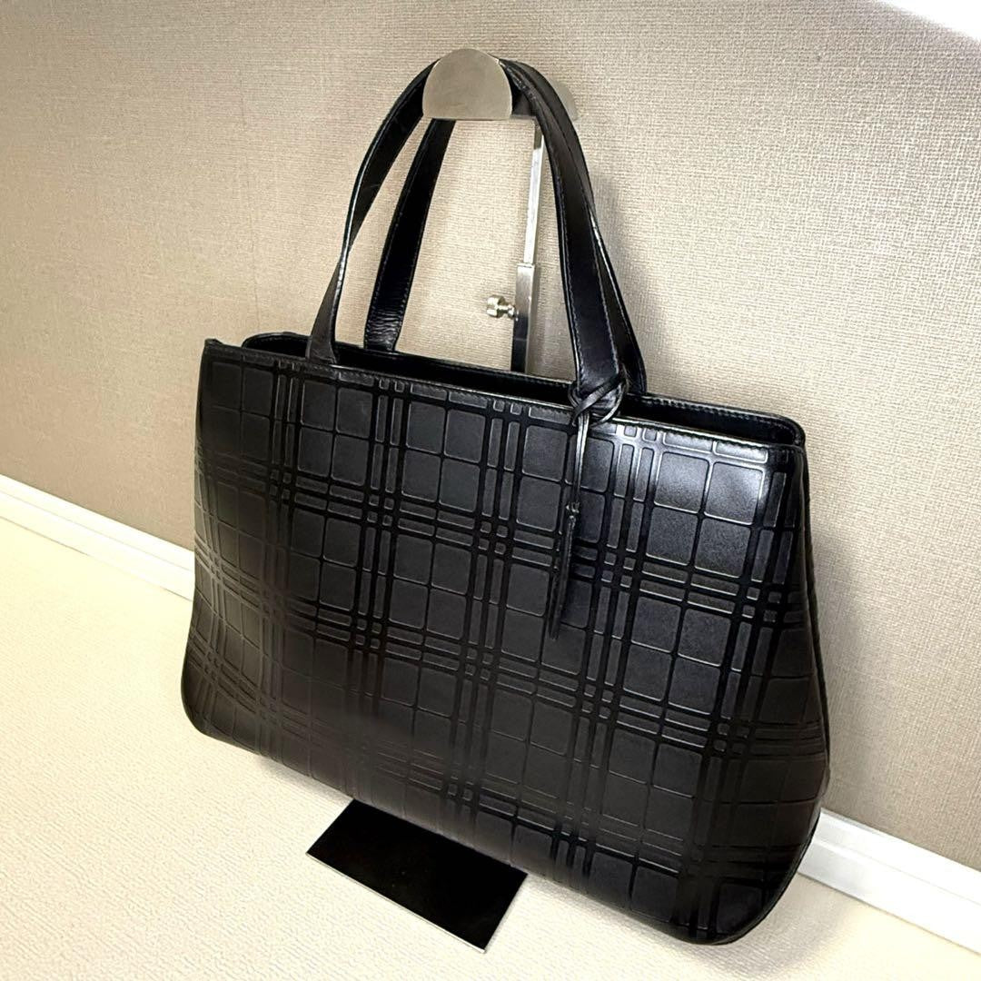 BURBERRY Hand Bag Tote Purse Embossed Check Leather Black Authentic