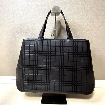 BURBERRY Hand Bag Tote Purse Embossed Check Leather Black Authentic