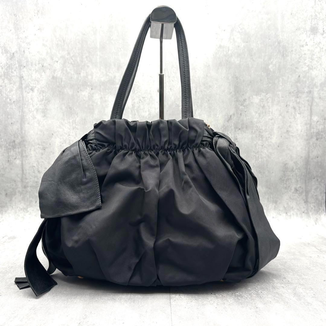 PRADA Hand Shoulder Bag Tote Purse 2way Nylon Leather Black Authentic