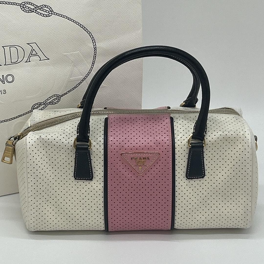 PRADA Hand Bag Tote Purse Logo Leather White Pink Authentic