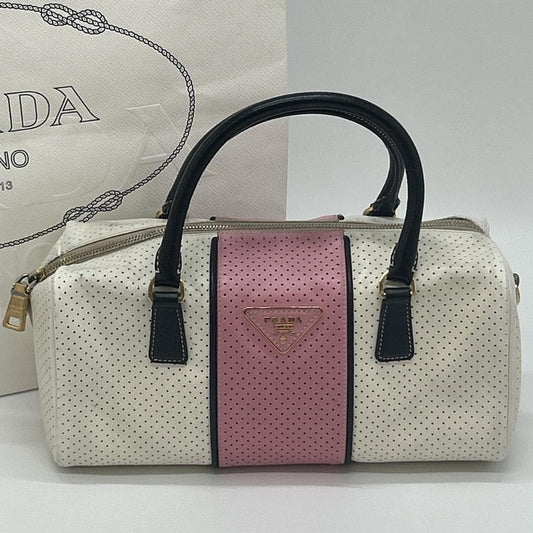PRADA Hand Bag Tote Purse Logo Leather White Pink Authentic