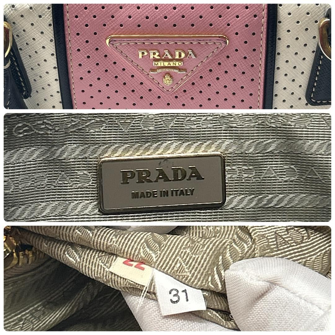 PRADA Hand Bag Tote Purse Logo Leather White Pink Authentic