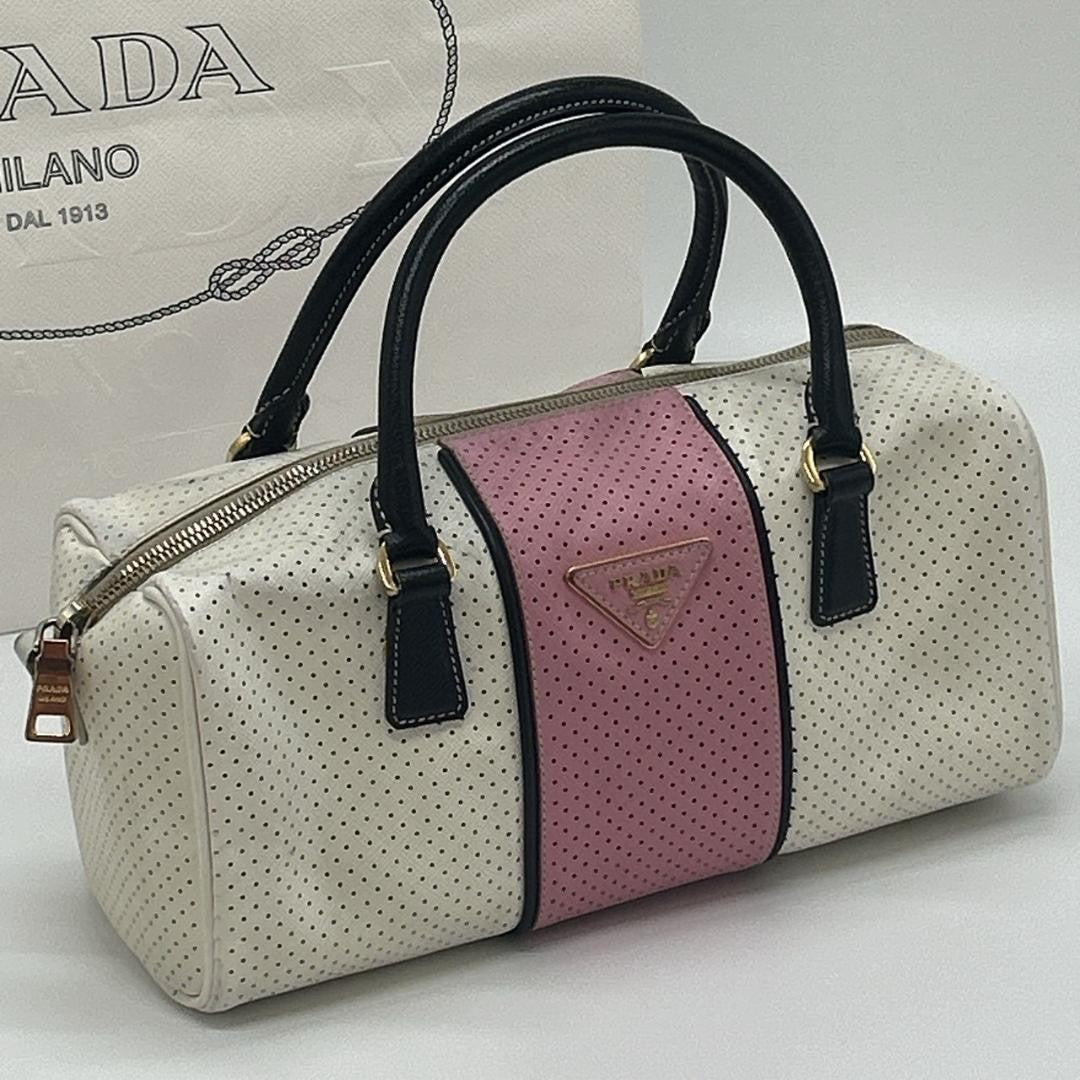 PRADA Hand Bag Tote Purse Logo Leather White Pink Authentic