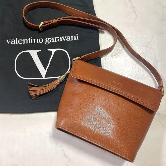 Valentino Garavani Shoulder Bag Purse Logo Leather Brown Authentic
