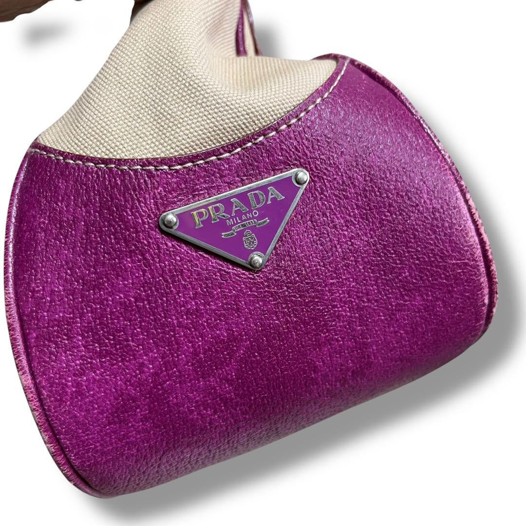 PRADA Hand Bag Tote Purse Canvas Leather Purple Authentic